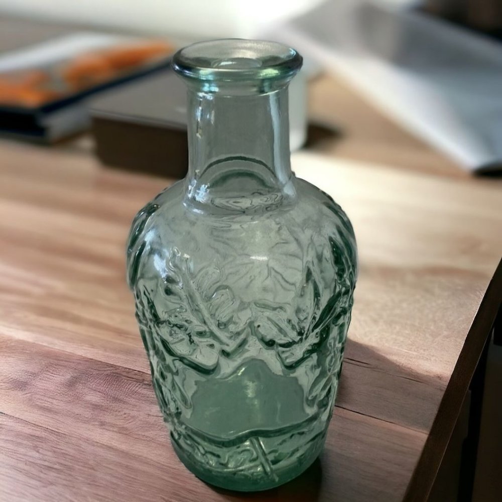 Vintage Canada Green Glass Bottle Decanter Embossed Leaf Pattern